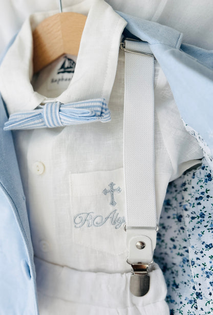 Boys pale blue shorts with linen shirt, blue suspenders and bow tie outfit plus optional extras
