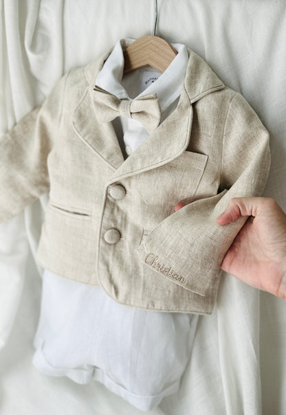 Boys white and beige linen Baptism and Wedding Outfit with vest, shirt, shorts, suspenders and bow tie