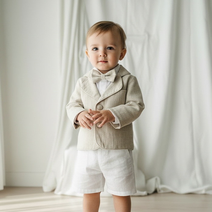 White and beige Summer linen outfit with suspender shorts, shirt, and bow tie plus optional jacket and embroidery