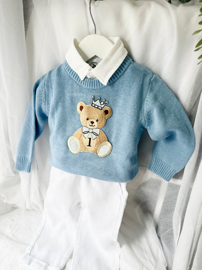 Pale blue teddy or hot air balloon jumper knit