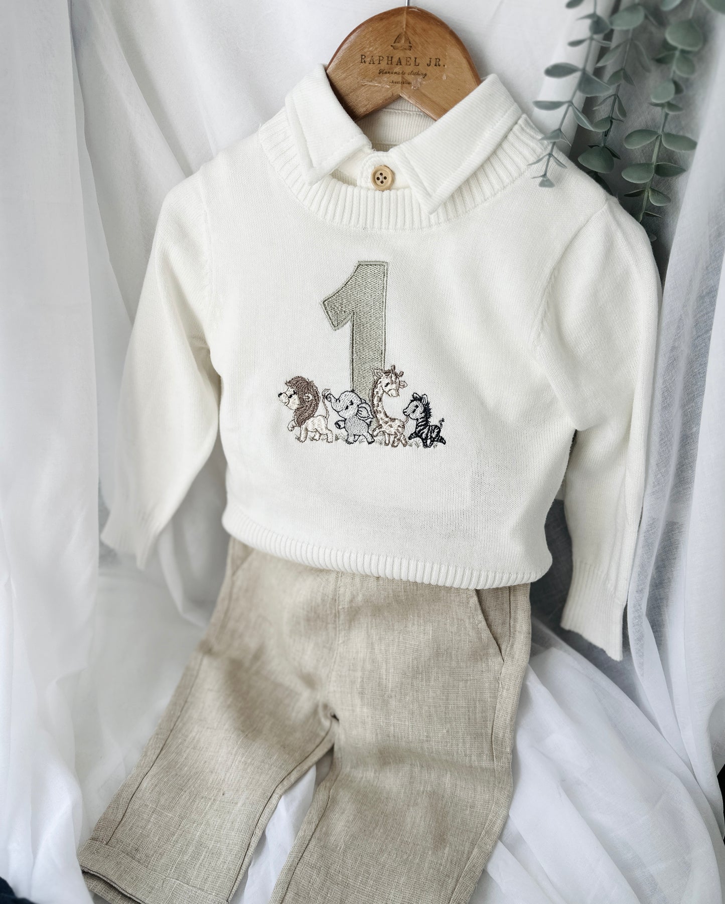 Birthday outfit with cotton onesie and embroidered jumper and linen pants