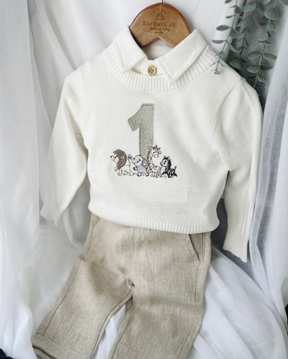 Birthday outfit with cotton onesie and embroidered jumper and linen pants