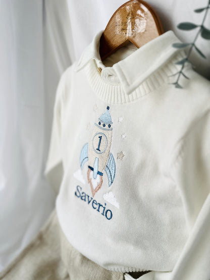 Birthday outfit with cotton onesie and embroidered jumper and linen pants