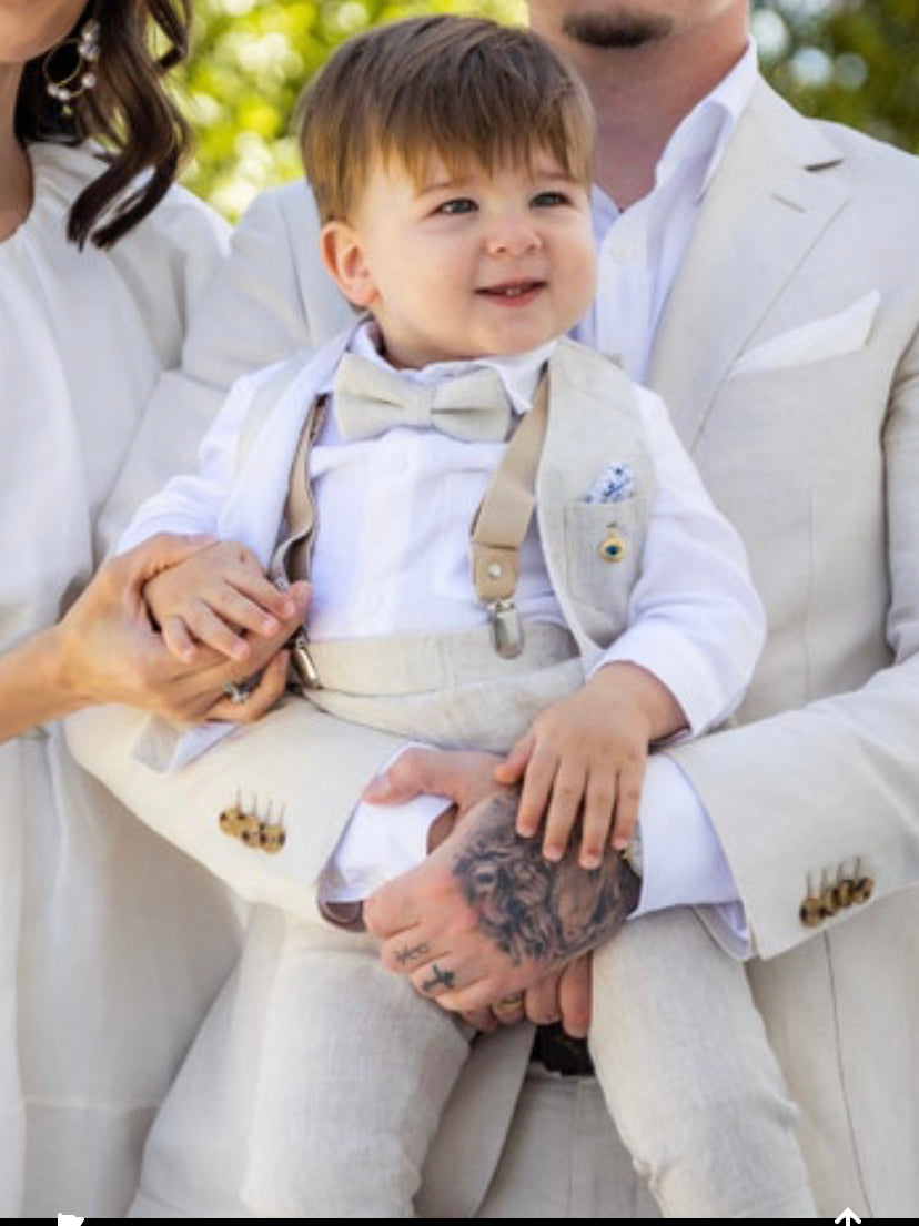 Baby and Toddler Boys white and beige linen summer set with vest, shirt, shorts, suspenders and bowtie