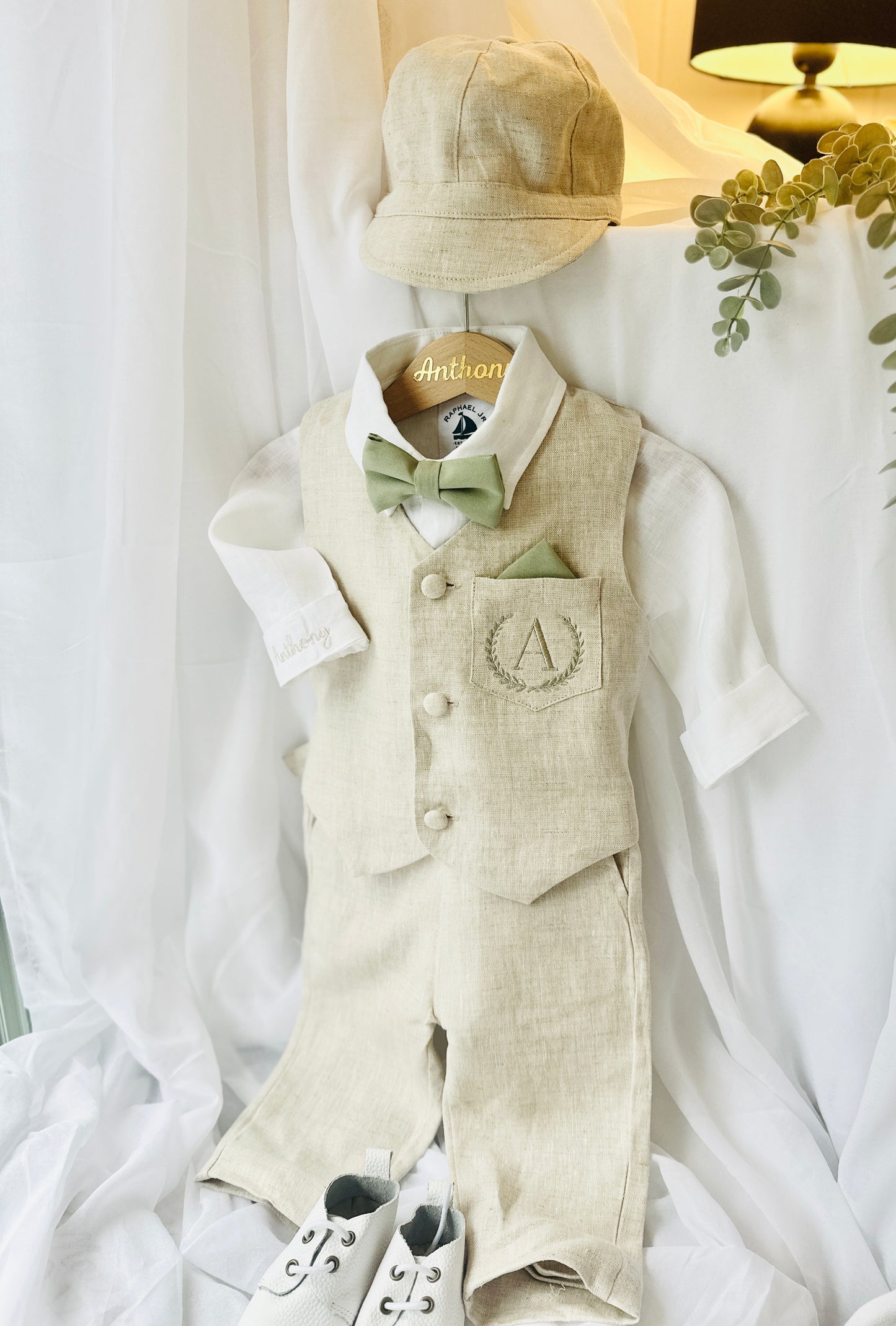 Beige Linen vest suit, shirt, pants, suspenders and bowtie plus optional jacket, cap and shoes