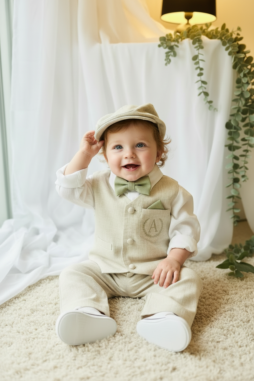 Beige Linen vest suit, shirt, pants, suspenders and bowtie plus optional jacket, cap and shoes