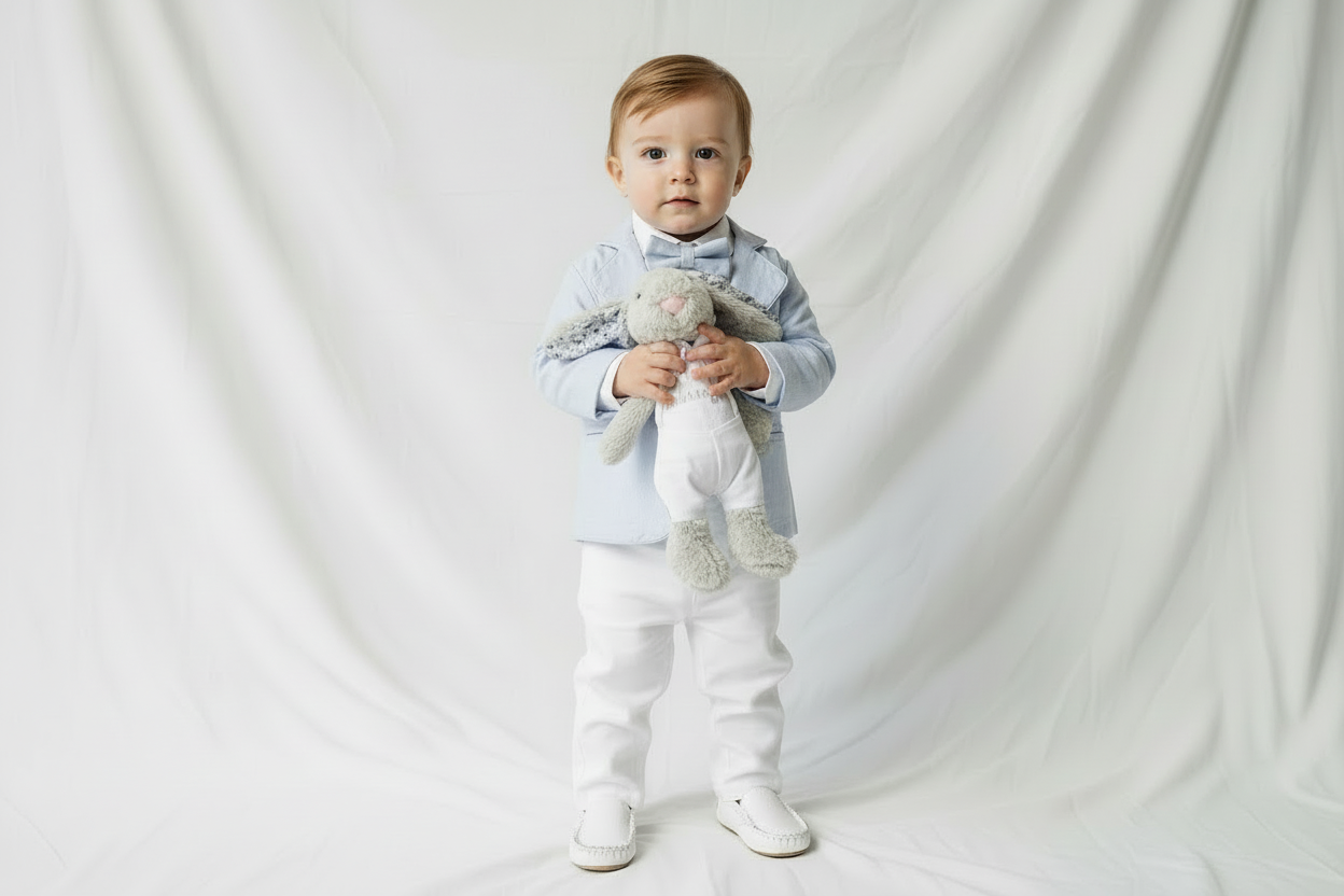 White linen Baptism Suit outfit with optional blue jacket and Accessories