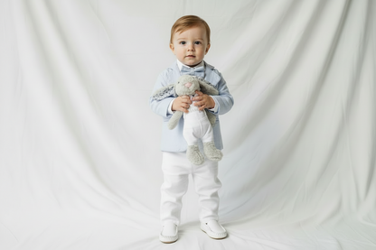 White linen Baptism Suit outfit with optional blue jacket and Accessories