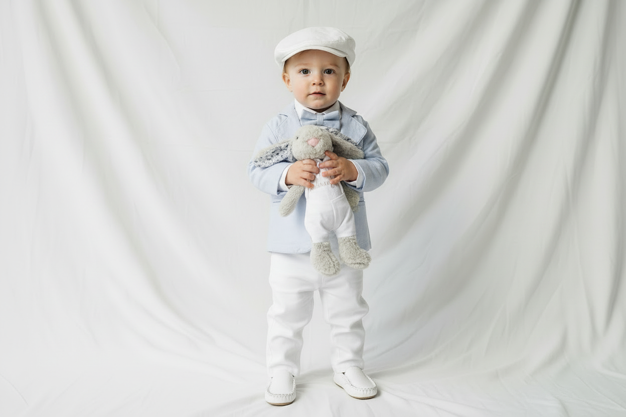 White linen Baptism Suit outfit with optional blue jacket and Accessories