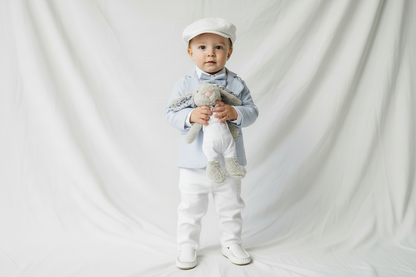 White linen Baptism Suit outfit with optional blue jacket and Accessories