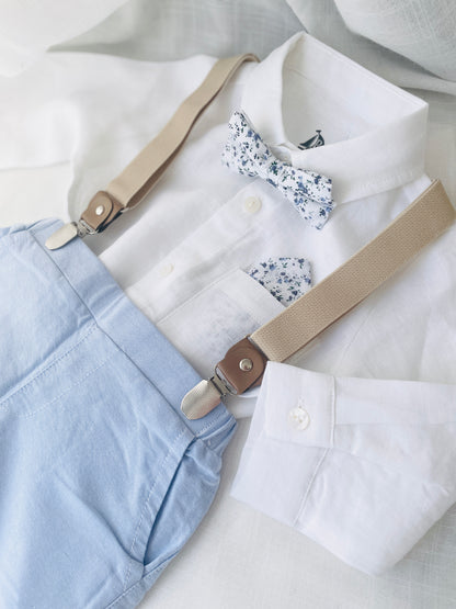 Blue chambray set with blue pants, white linen shirt, white, blue or beige suspenders and blue bow tie
