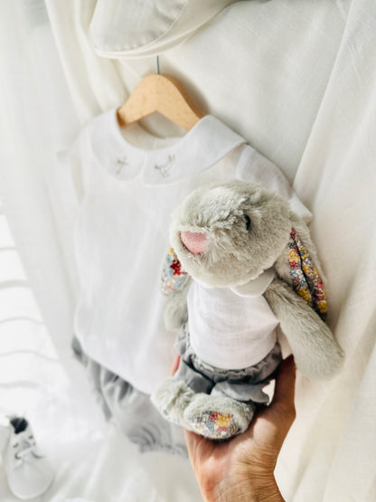 Boys white and grey linen baptism outfit with bloomers and blouse shirt