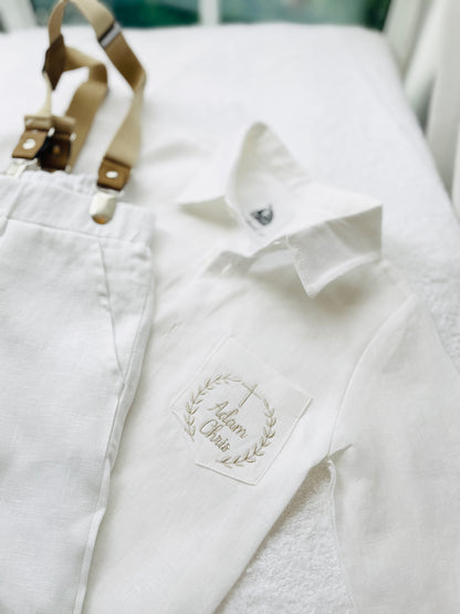 White and Beige Linen set with vest, shirt, pants, suspenders and bowtie plus optional jacket, cap and shoes