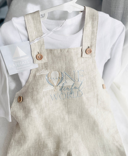 Boys Beige Linen Birthday overalls romper dungarees safari balloon fast car wild sea themes
