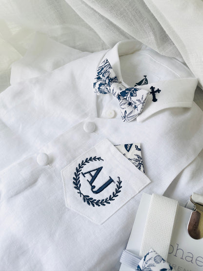 White linen Baptism vest set with shirt, suspender shorts, bowtie and optional embroidery cap and shoes