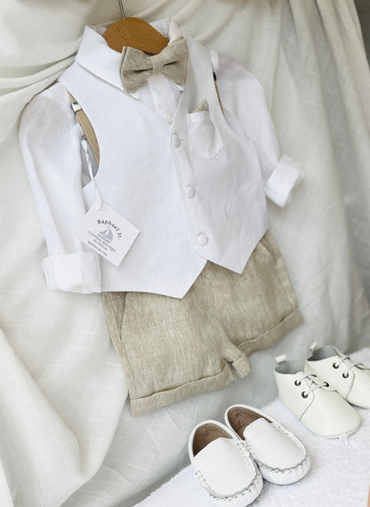 Boys white and beige linen Baptism and Wedding Outfit with vest, shirt, shorts, suspenders and bow tie