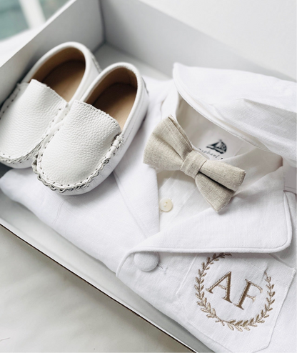 White linen Baptism suit set with pants, shirt, suspenders and bowtie plus optional jacket and extras