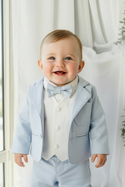 Pale Blue Suit with white linen vest and optional Jacket
