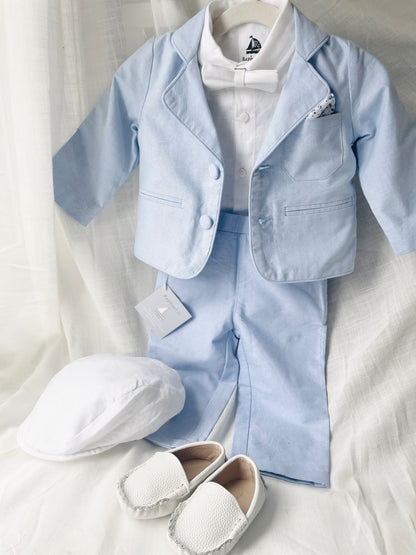 Blue chambray set with blue pants, white linen shirt, white, blue or beige suspenders and blue bow tie