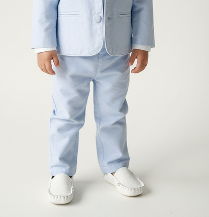 Blue chambray set with blue pants, white linen shirt, white, blue or beige suspenders and blue bow tie