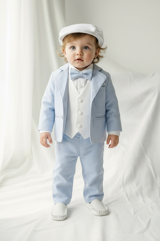 Pale Blue Suit with white linen vest and optional Jacket