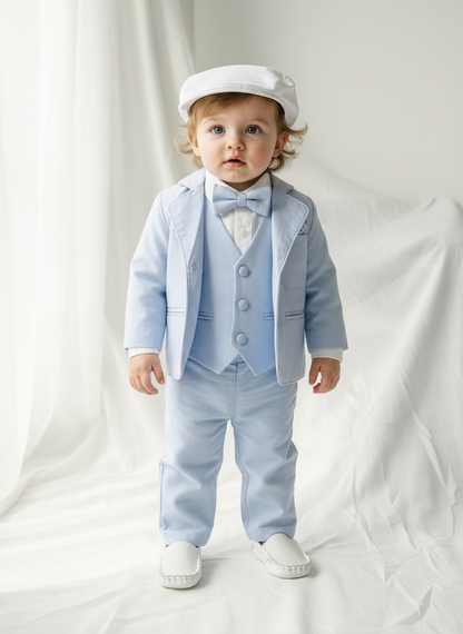 Baby and toddler boys pale blue chambray suit with blue vest, pants and jacket