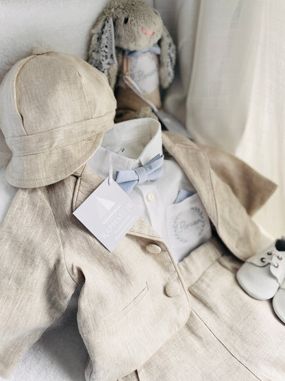 Beige Linen full length suit with pants, shirt, jacket and accessories