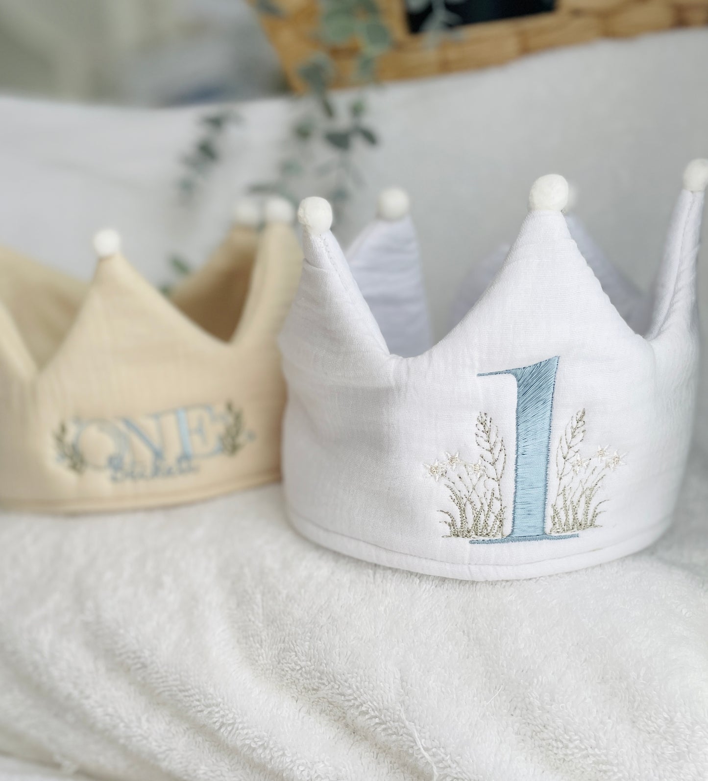 Beige or white Linen Birthday crown hat with embroidery