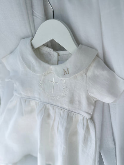 Pure Linen knee length Baptism Dress with embroidery and bloomers and optional ribbon