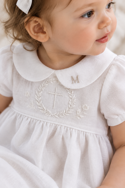 Pure Linen knee length Baptism Dress with embroidery and bloomers and optional ribbon