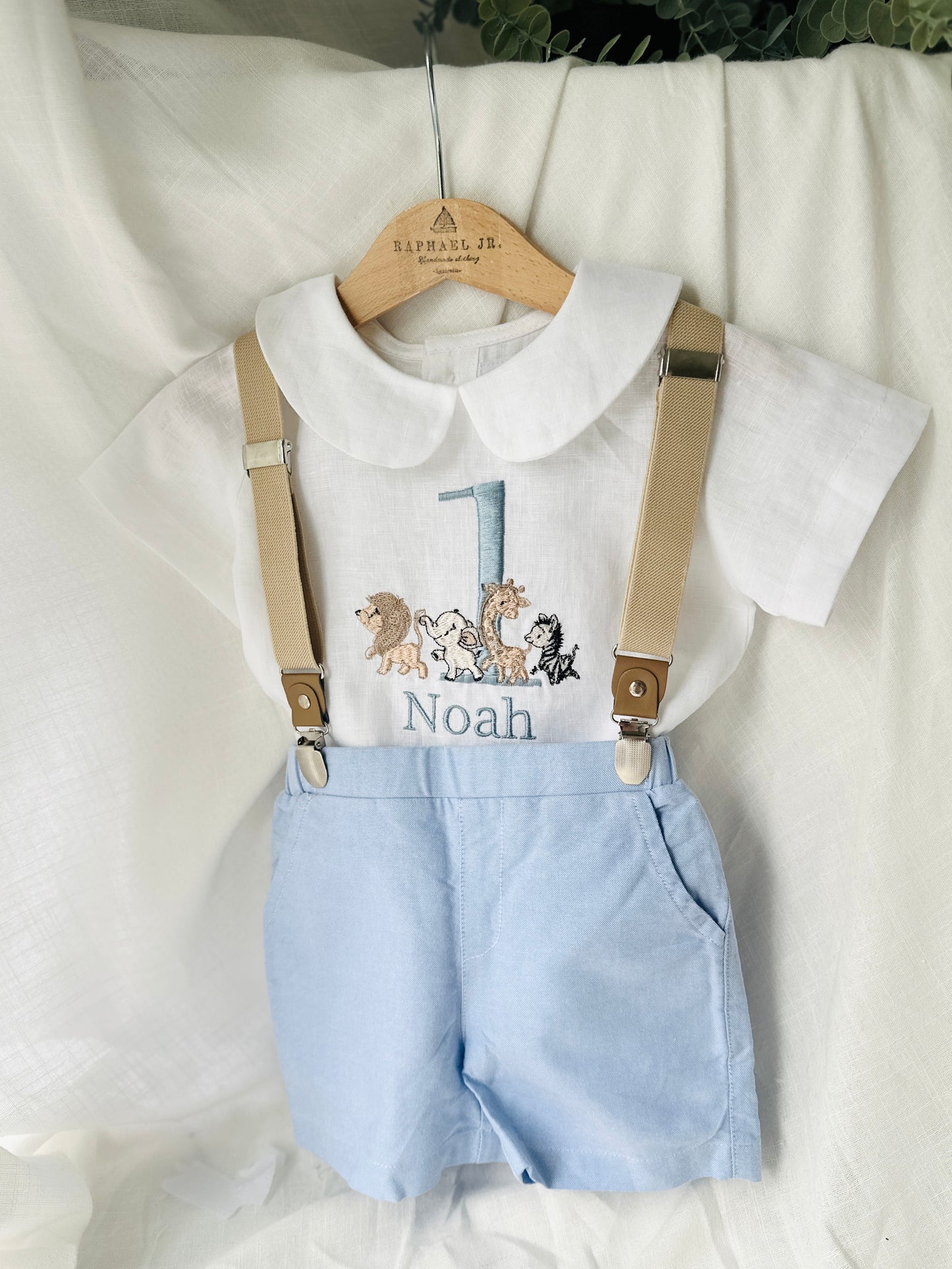 Blue and white linen first Birthday and Baptism blouse with suspender shorts set