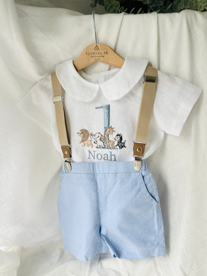 Blue and white linen first Birthday and Baptism blouse with suspender shorts set