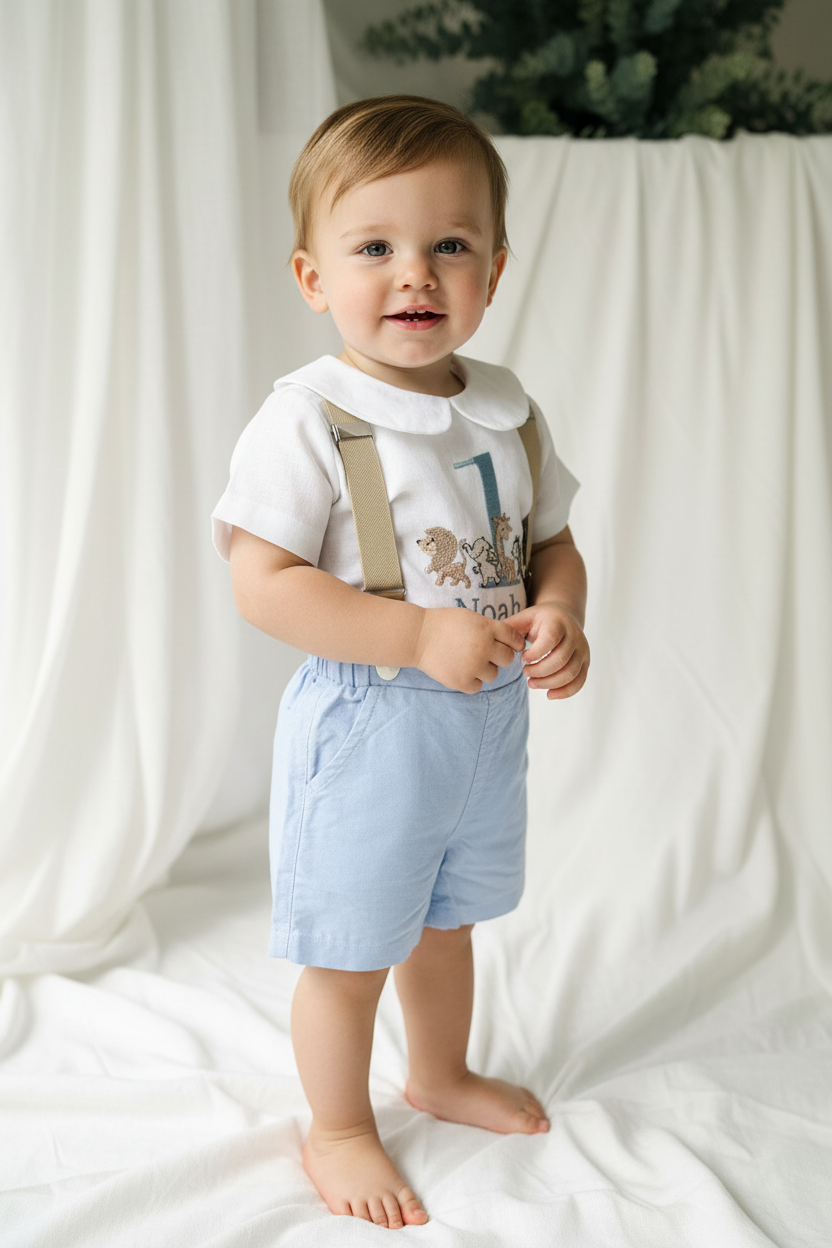Blue and white linen first Birthday and Baptism blouse with suspender shorts set