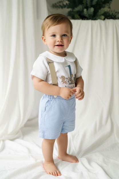 Blue and white linen first Birthday and Baptism blouse with suspender shorts set