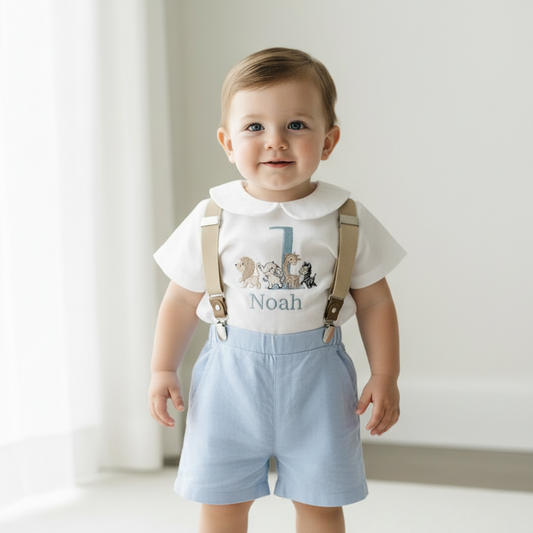Blue and white linen first Birthday and Baptism blouse with suspender shorts set