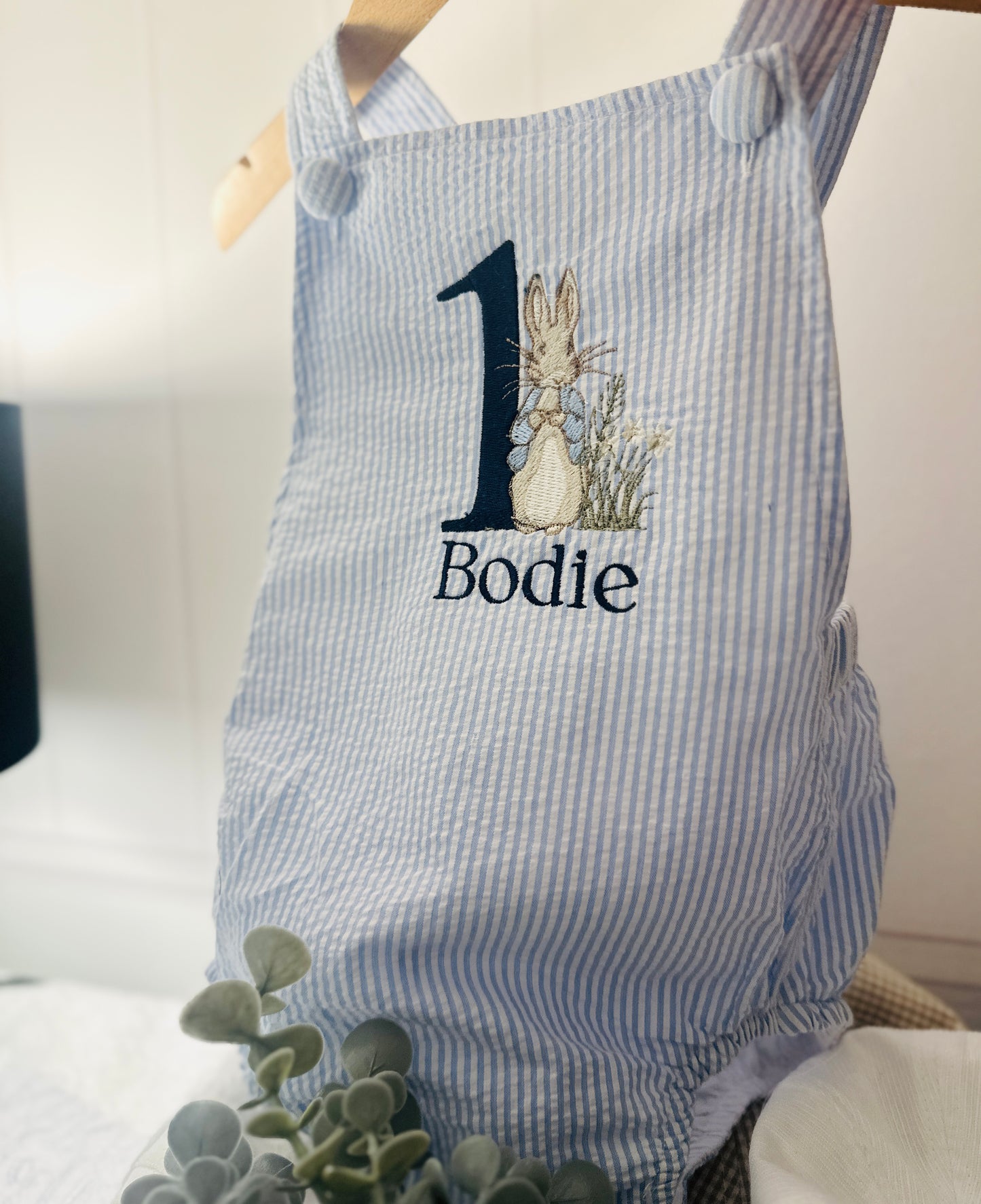 Boys Beige Linen First Birthday romper Pooh Bear and other designs