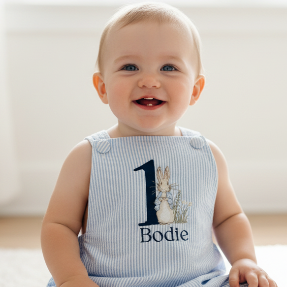 Boys Beige Linen First Birthday romper Pooh Bear and other designs