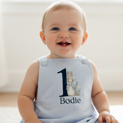 Boys Beige Linen First Birthday romper Pooh Bear and other designs