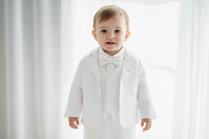 Boys white linen full length Baptism set with vest, shirt, pants, suspenders and bow tie