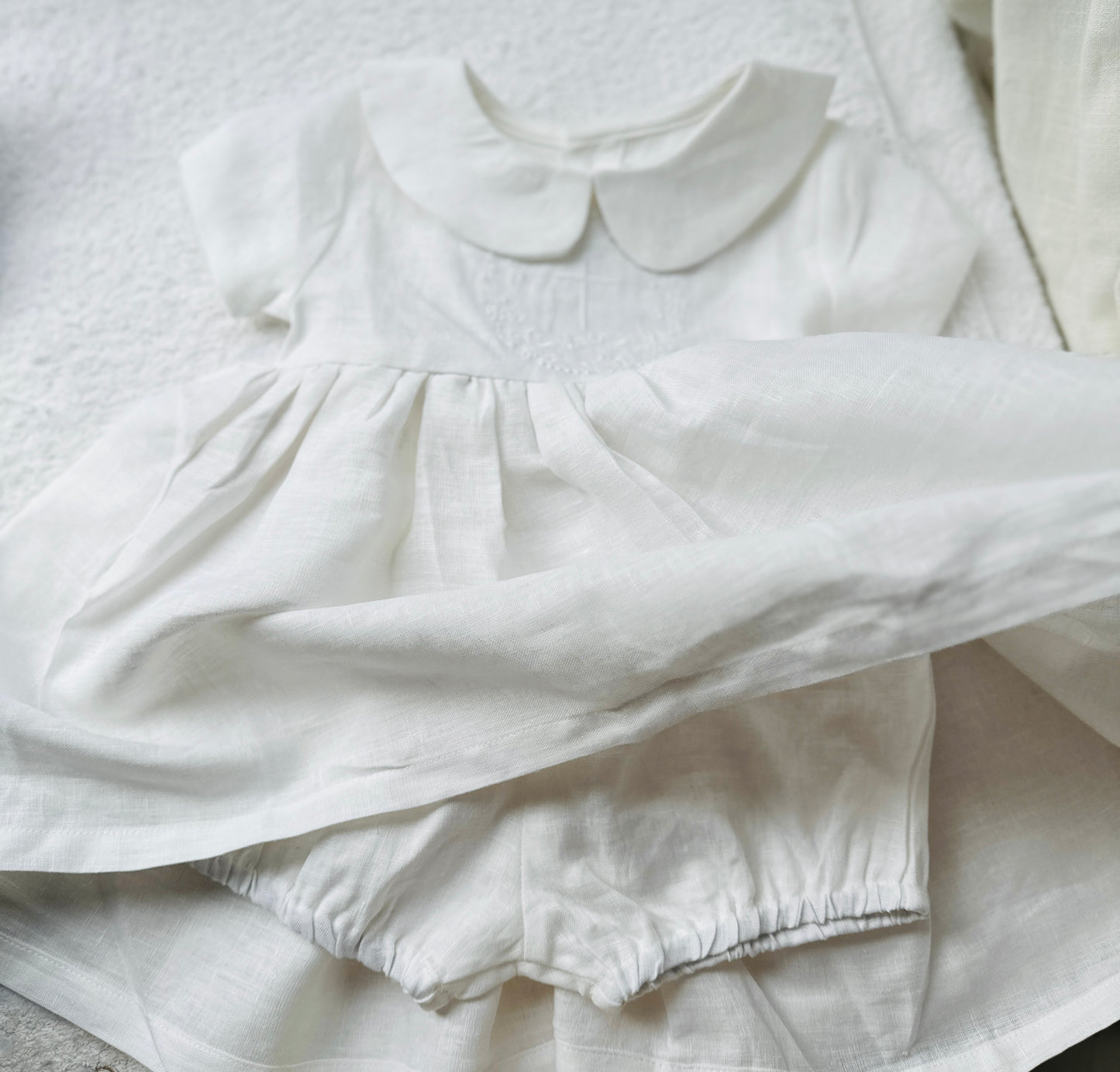 Pure Linen knee length Baptism Dress with embroidery and bloomers and optional ribbon