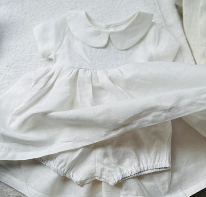 Pure Linen knee length Baptism Dress with embroidery and bloomers and optional ribbon