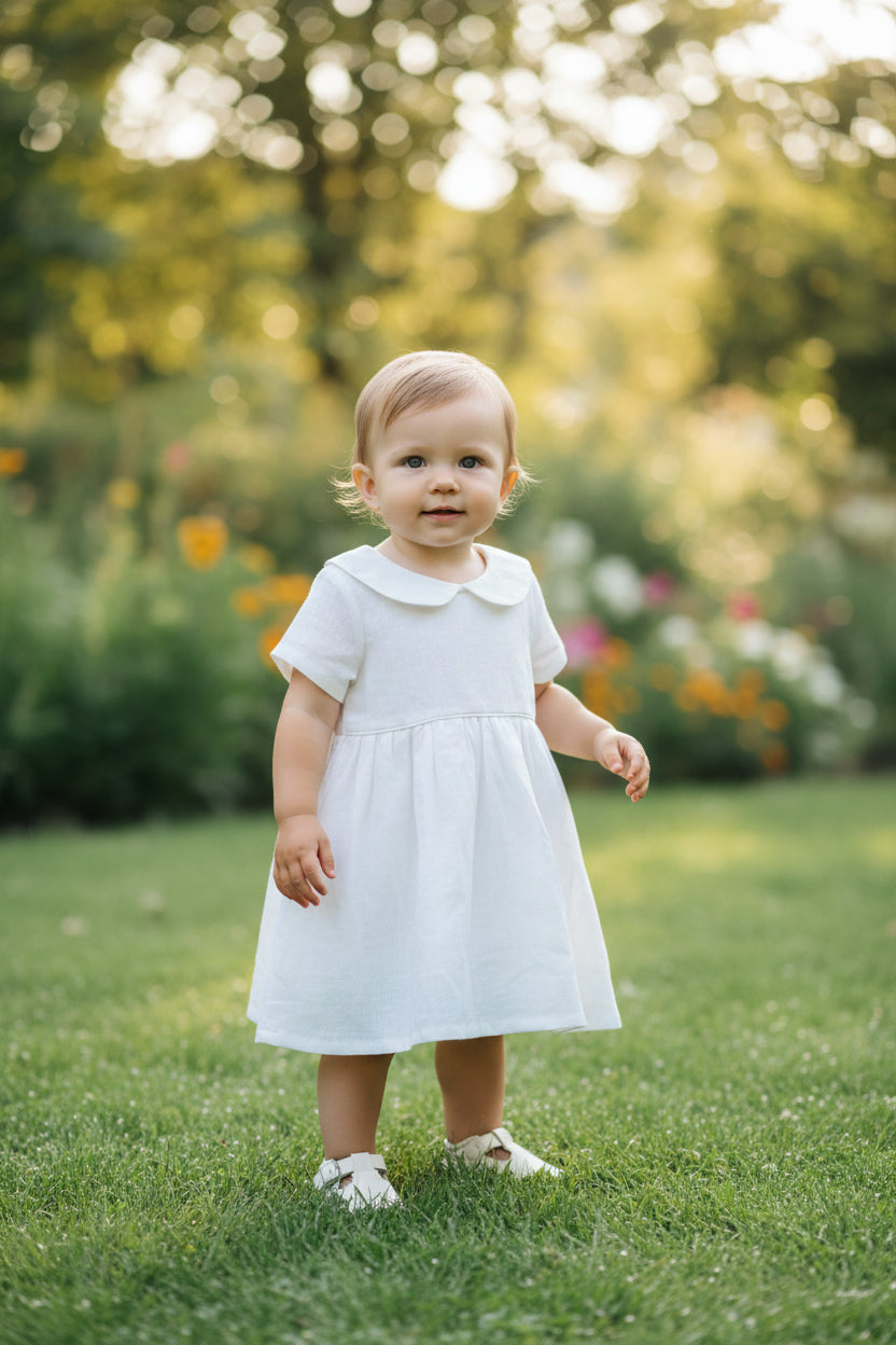 Pure Linen knee length Baptism Dress with embroidery and bloomers and optional ribbon