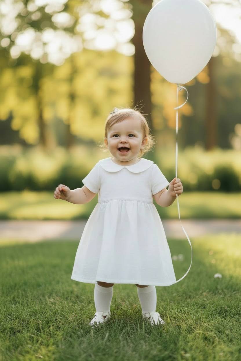 Pure Linen knee length Baptism Dress with embroidery and bloomers and optional ribbon