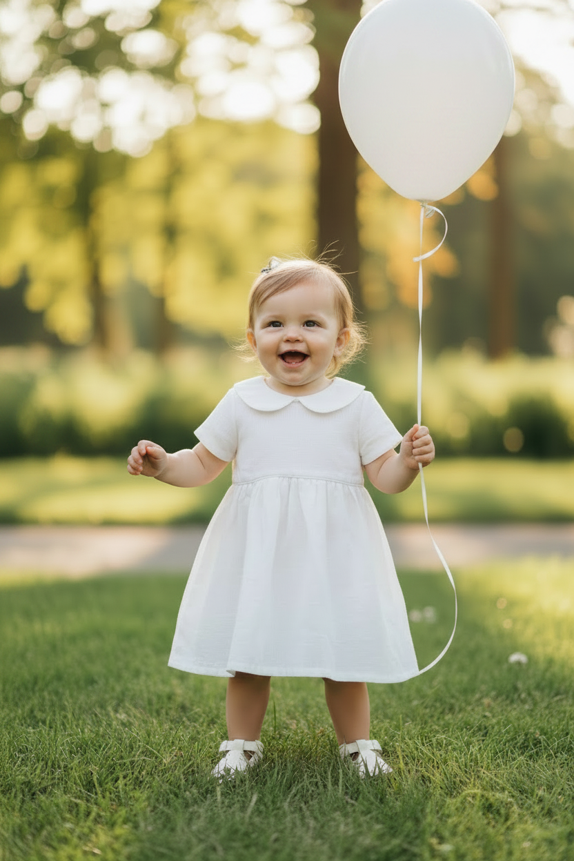 Pure Linen knee length Baptism Dress with embroidery and bloomers and optional ribbon