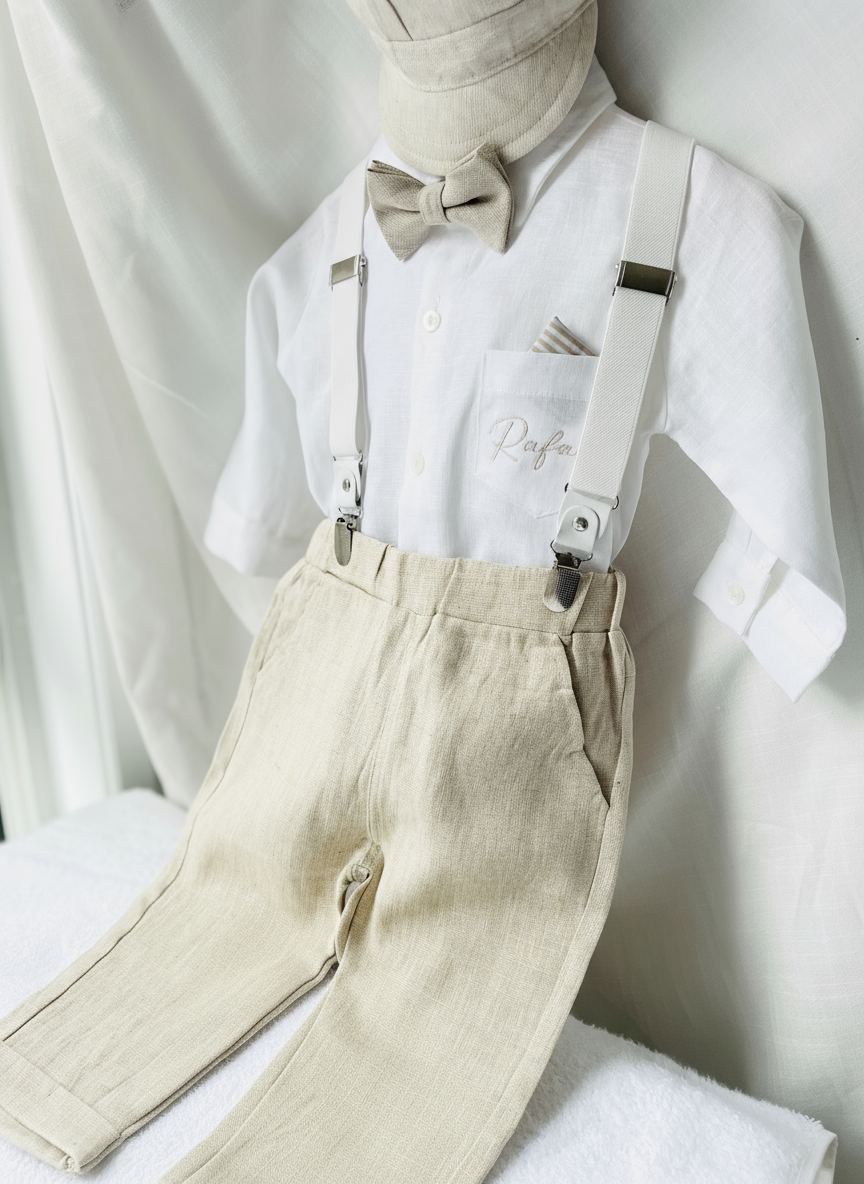 Beige linen suit with optional jacket, cap and shoes.