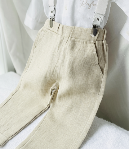 Beige linen pants and shirt set with bowtie and suspenders and optional personalisation