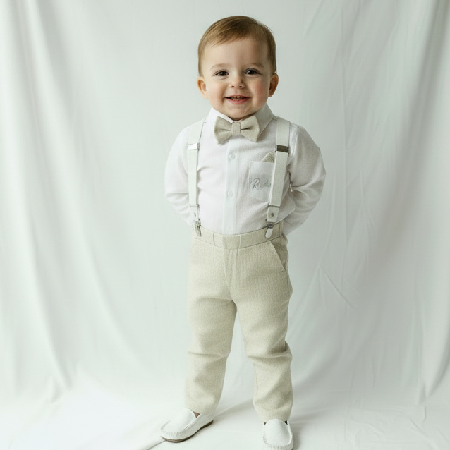 Beige linen pants and shirt set with bowtie and suspenders and optional personalisation