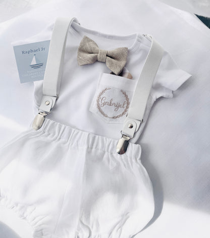 Baby and Toddler Boys white linen baptism outfit with bloomers, shirt, suspenders, bow tie