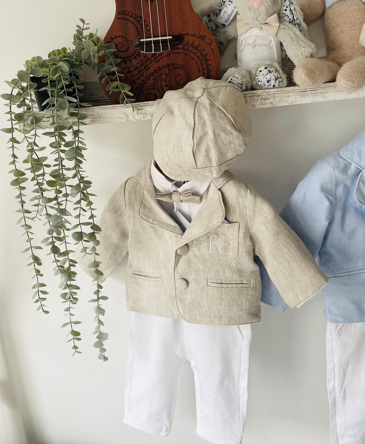 Beige linen kids Baptism or Wedding Suit with Accessories and Embroidery Available