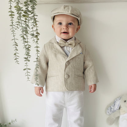 White and Beige Linen Set with optional Jacket Accessories and Embroidery